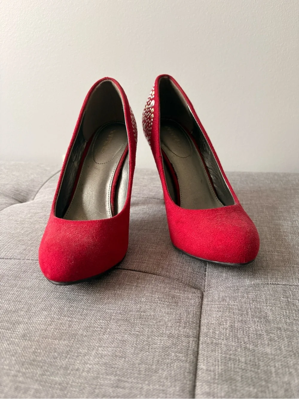 Xappeal Red Suede Rhinestone Heel Pumps
